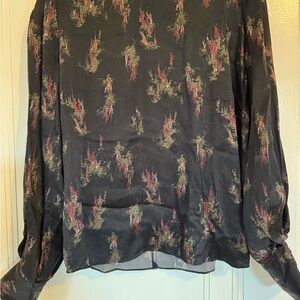 Vince Black Blouse with Red and Green Floral Pattern
